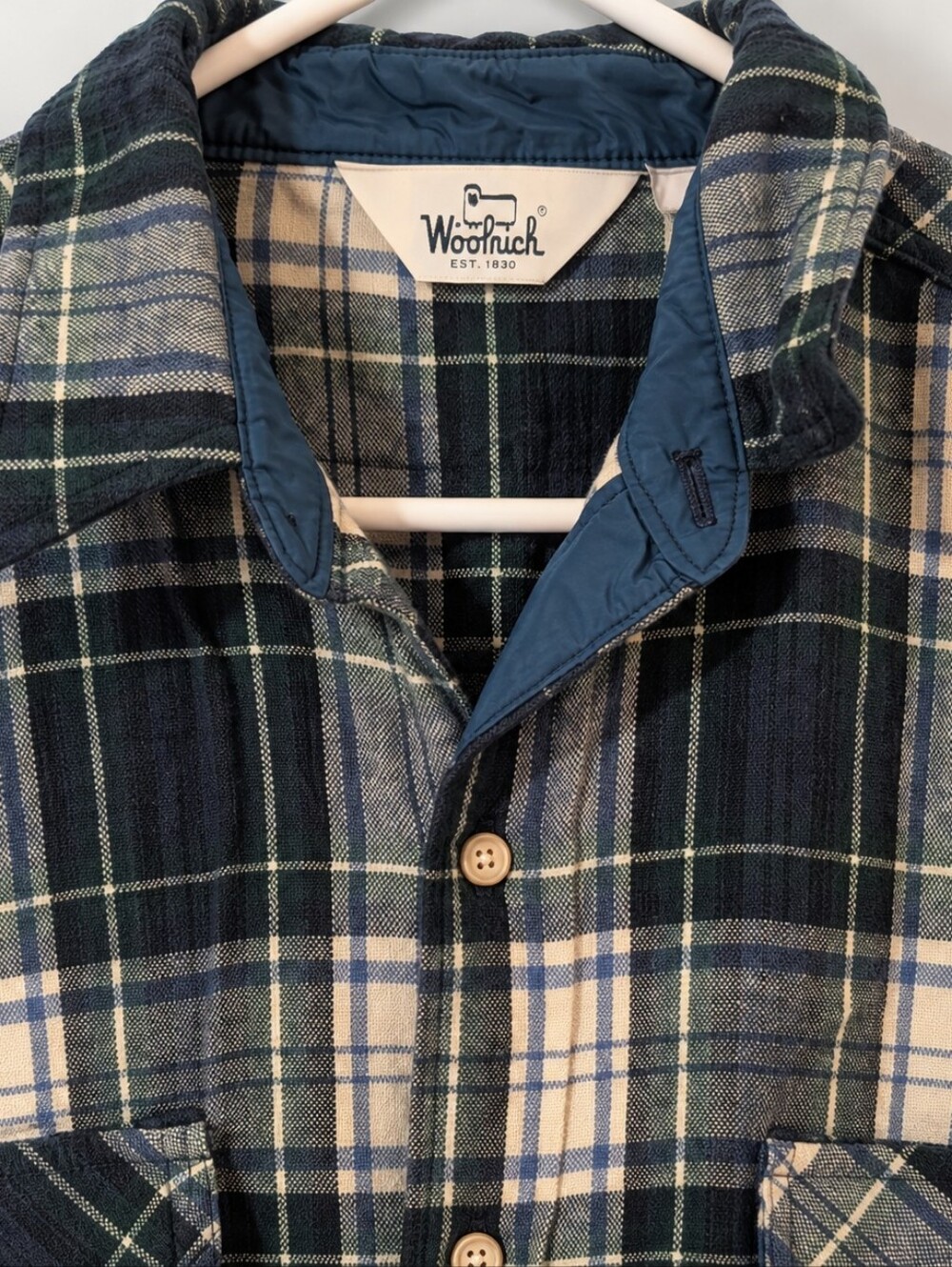 Vintage 90s Woolrich Plaid Button-Up Flannel - Navy/Cream/Green - Size XL